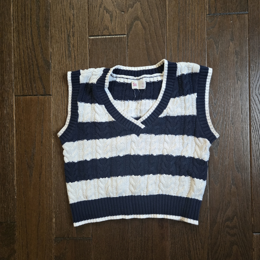 Kohl's SO Navy and White Striped Cable Knit V-Neck Sweater Vest